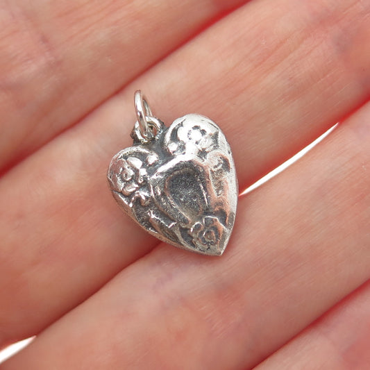 925 Sterling Silver Antique Floral Heart Oxidized Chatelaine Minimalist Pendant