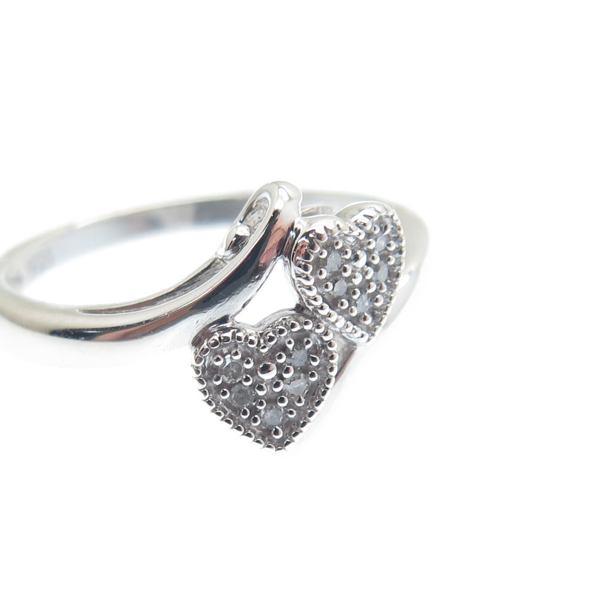 JASANI 925 Sterling Silver Real Round-Cut Diamond Couple Heart Ring Size 7.25