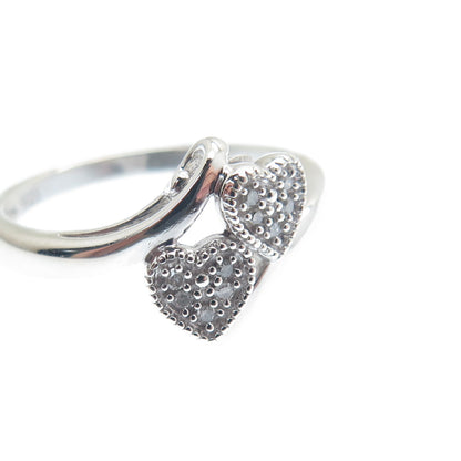 JASANI 925 Sterling Silver Real Round-Cut Diamond Couple Heart Ring Size 7.25