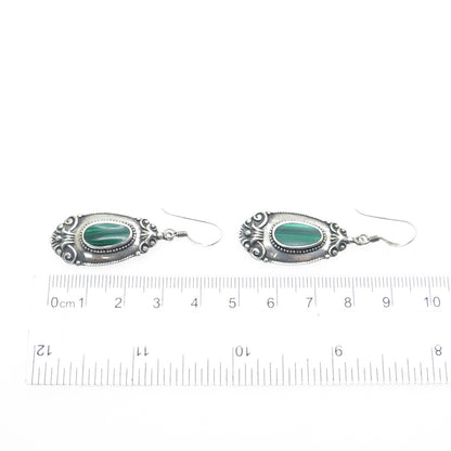 BOMA 925 Sterling Silver Vintage Real Malachite Floral Dangle Oxidized Earrings