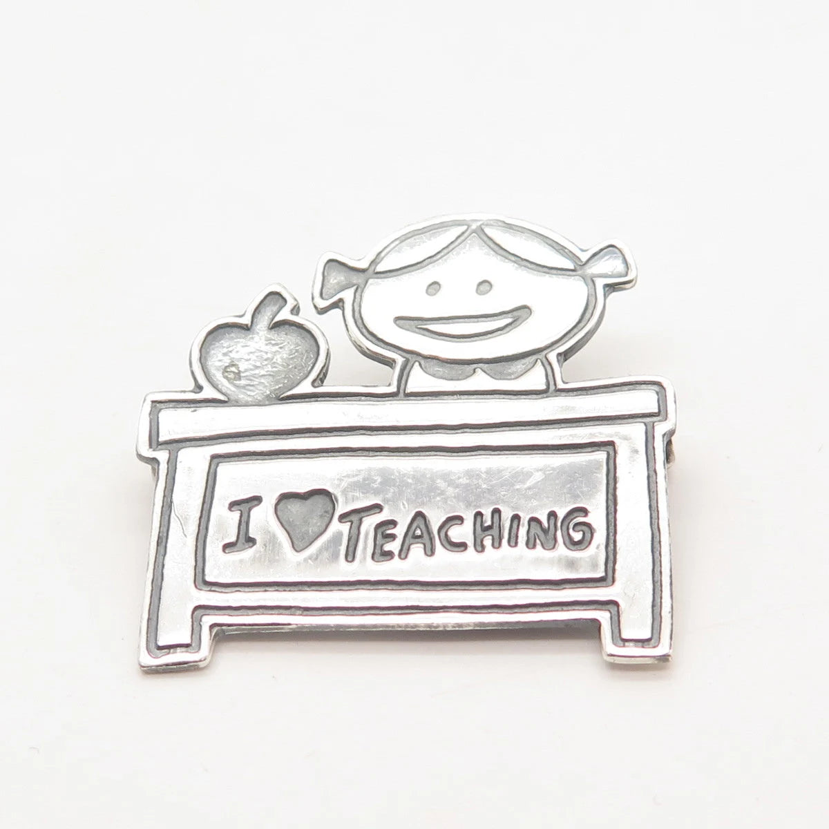 925 Sterling Silver Vintage Mexico "I Love Teaching" Happy Girl Pin Brooch