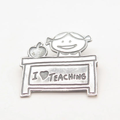 925 Sterling Silver Vintage Mexico "I Love Teaching" Happy Girl Pin Brooch