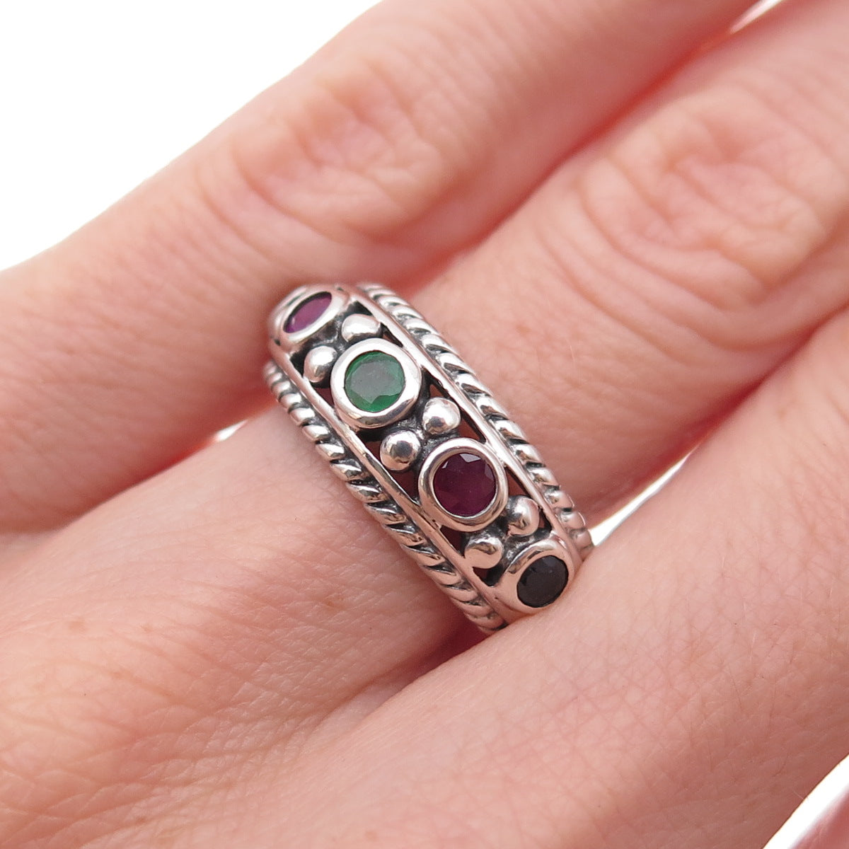 CNA Pranda 925 Sterling Silver Vintage Real Emerald Sapphire Ruby Ring Size 6.25