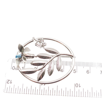 Carl Art 925 Sterling Silver Vintage Blue & White Rhinestone Floral Pin Brooch