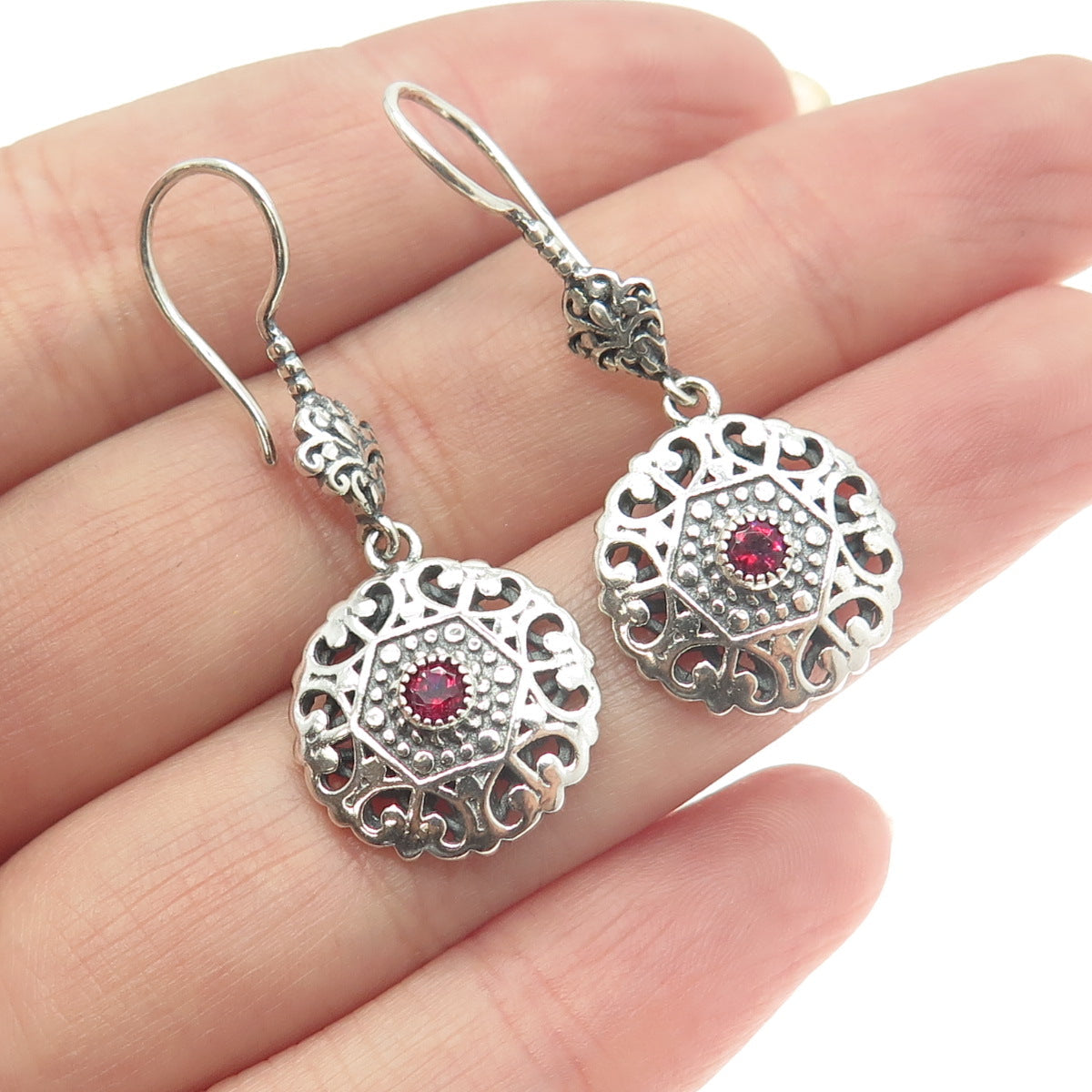 BERIA 925 Sterling Silver Pink Rhinestone Ornate Round Dangling Earrings