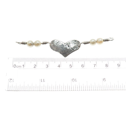 Aniello 925 Sterling Vintage Real Pearl Heart Oxidized Centerpiece Necklace Part