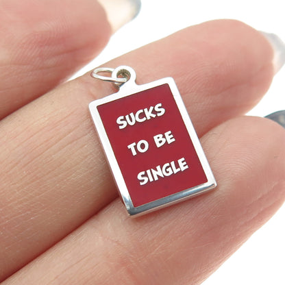 925 Sterling Silver Red Enamel "Sucks To Be Single" Minimalist Charm Pendant