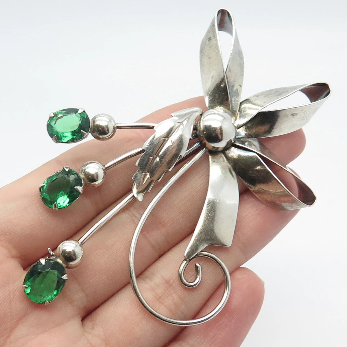 925 Sterling Silver Vintage Enzell Green Glass Floral Pin Brooch
