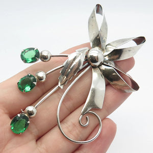 925 Sterling Silver Vintage Enzell Green Glass Floral Pin Brooch