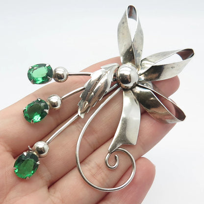 925 Sterling Silver Vintage Enzell Green Glass Floral Pin Brooch