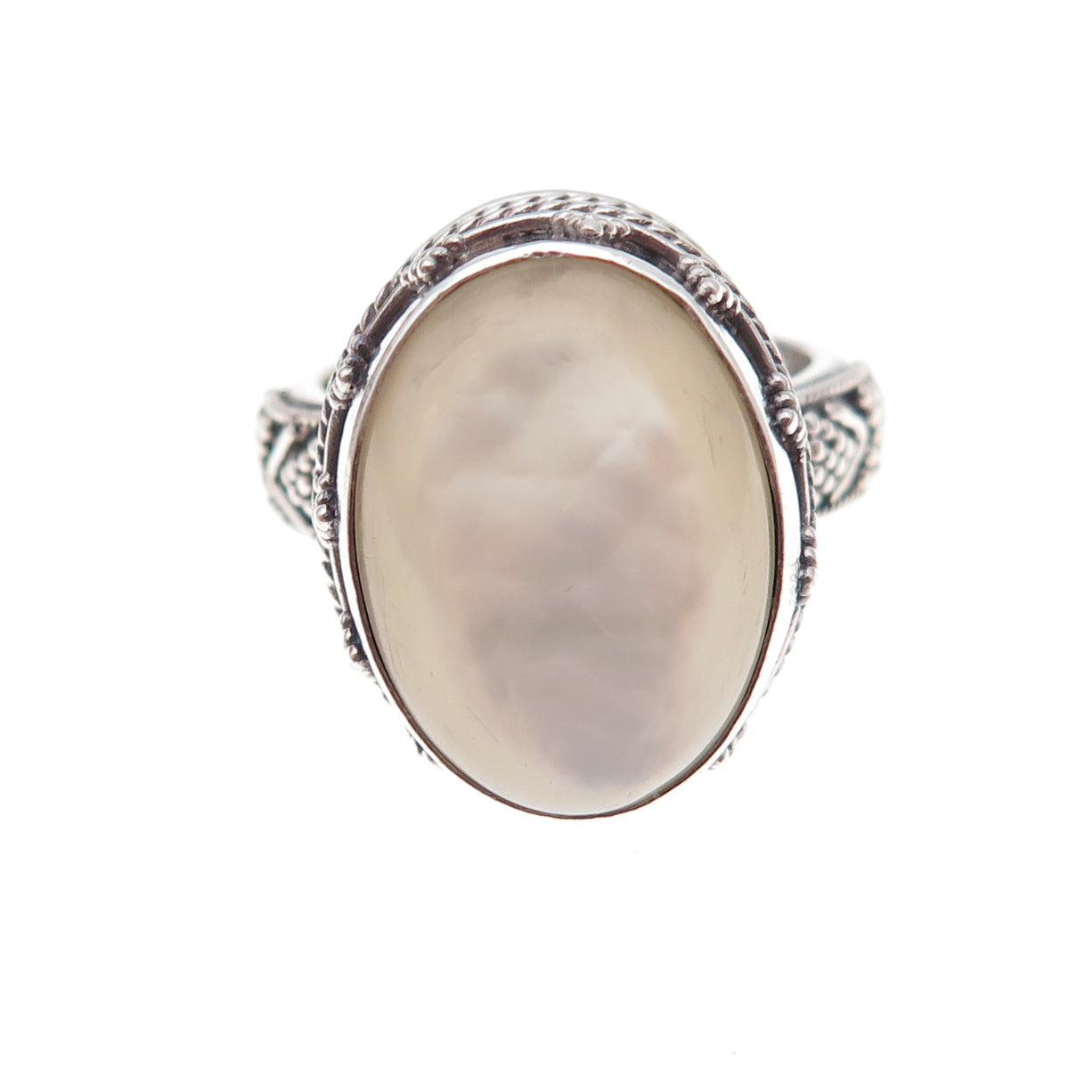 Suarti Bali Sterling Silver Vintage Real MOP Granulated Oxidized Ring Size 8.75