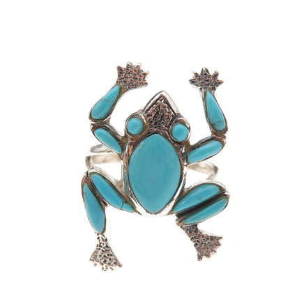 925 Sterling Silver Vintage Real Turquoise Frog Good Luck Ring Size 8.75