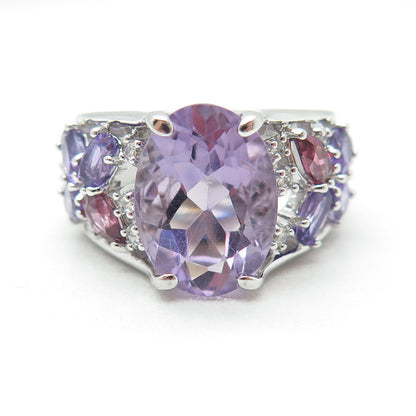 925 Sterling Silver Real Purple & Pink Amethyst & C Z Cluster Ring Size 6.75