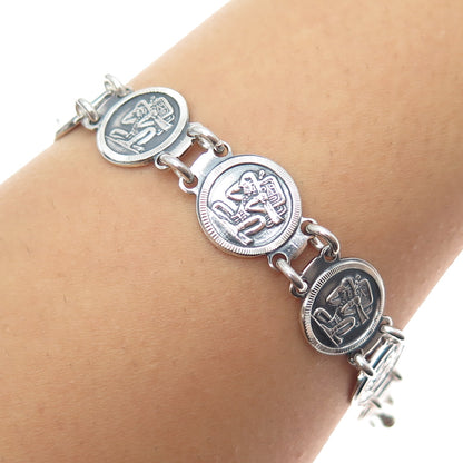 925 Sterling Silver Vintage Mexico Aztec God Oxidized Coin Link Bracelet 7"
