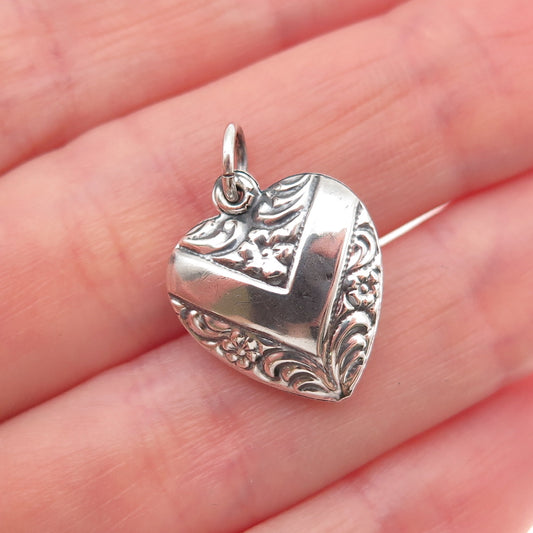 925 Sterling Silver Antique Art Deco Chatelaine Floral Heart Mini Charm Pendant