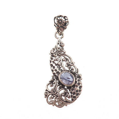 925 Sterling Silver Vintage Real Iolite Floral Oxidized Charm Pendant