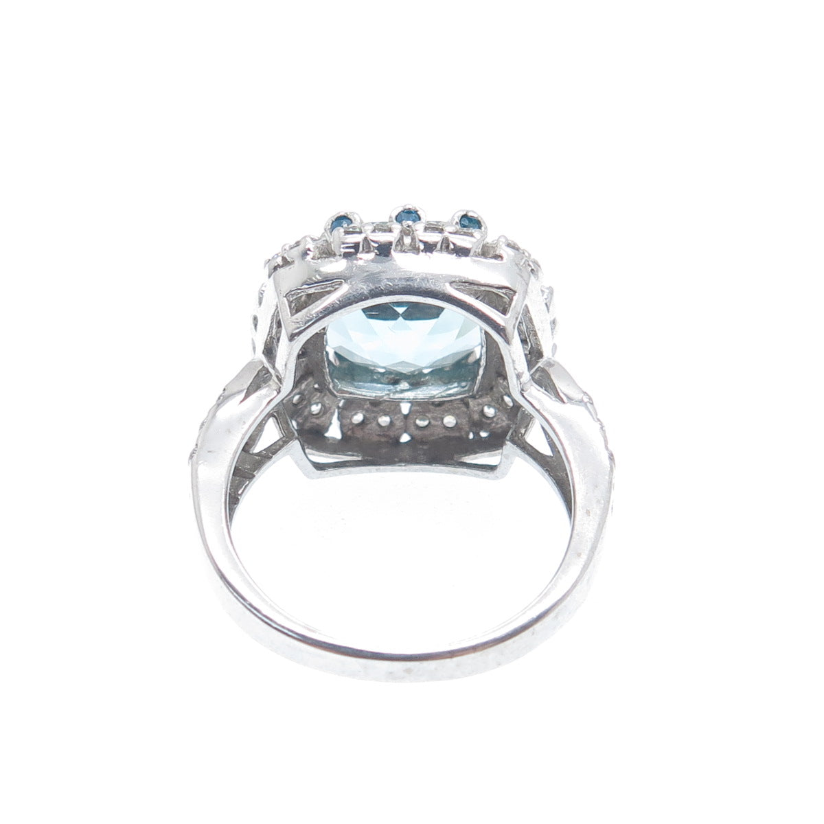 925 Sterling Silver Real Cushion-Cut Blue Topaz Gem & C Z Ring Size 6.75