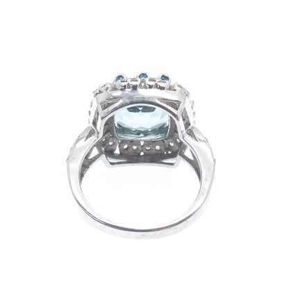 925 Sterling Silver Real Cushion-Cut Blue Topaz Gem & C Z Ring Size 6.75