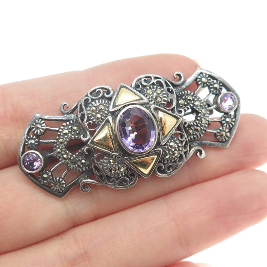 925 Sterling Silver 2-Tone Vintage Real Amethyst & Marcasite Bohemian Pin Brooch