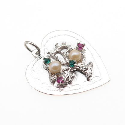 925 Sterling Silver Vintage Faux Pearl & Rhinestone Tree of Life Heart Pendant