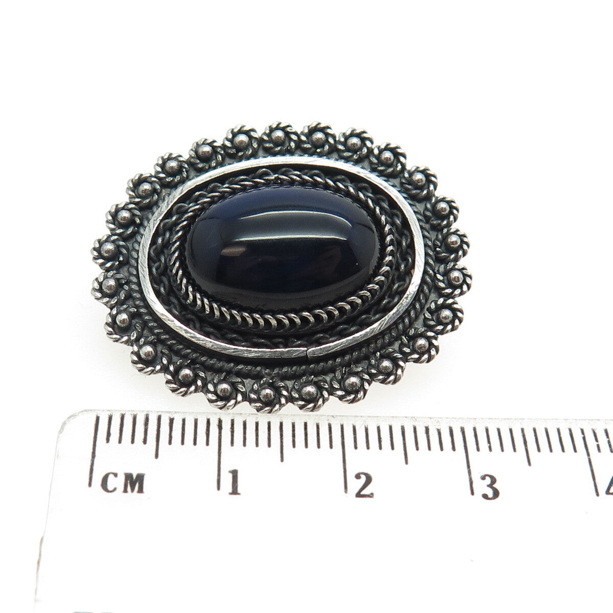 925 Sterling Silver Vintage Israel Dark Blue Glass Ethnic Pin Brooch