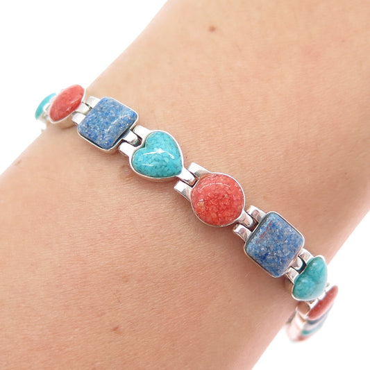 CAROLYN POLLACK 925 Sterling Vintage Turquoise Coral Lapis Inlay Bracelet 7.25"