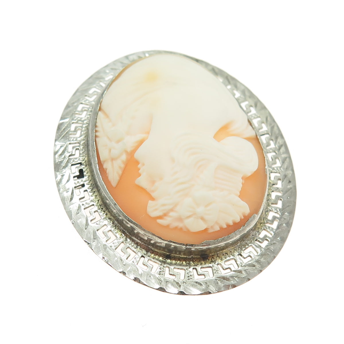 800 Silver Vintage Real Caved MOP Lady Cameo Greek Key Oval Pin Brooch