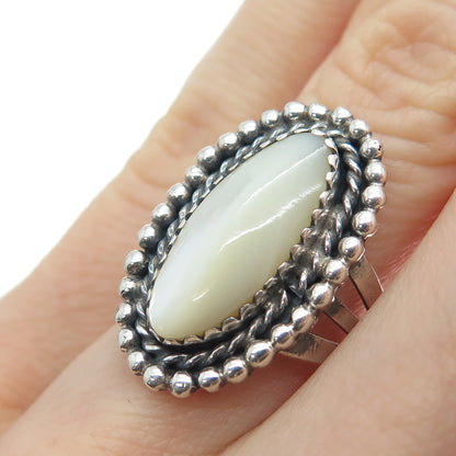 Old Pawn Sterling Silver Vintage Mother-of-Pearl Beaded Oxidized Ring Size 6.25