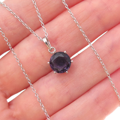 925 Sterling Silver Real Round-Cut Amethyst Cable Chain Necklace 18"