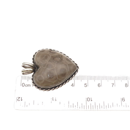 925 Sterling Silver Vintage WT Artisan Real Fossil Heart Heavy 21.7g Pendant