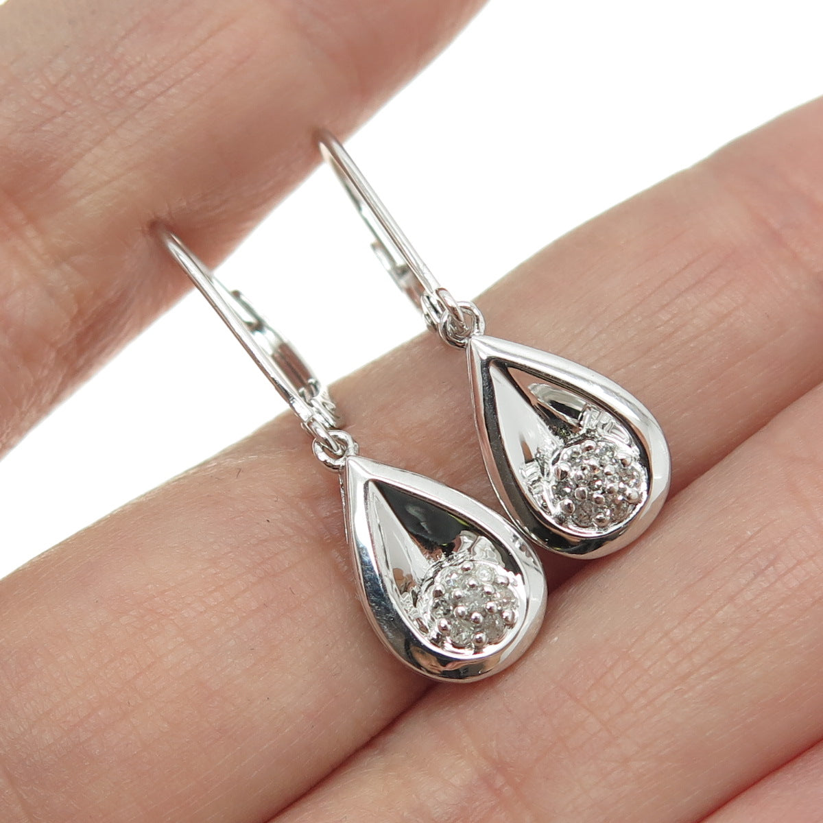 SUN 925 Sterling Silver Real Round-Cut Diamond Teardrop Dangle Earrings