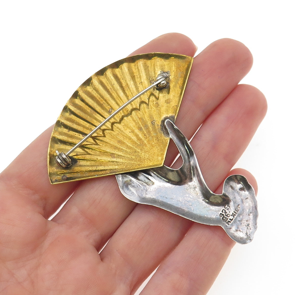 925 Sterling Silver 2-Tone Vintage Mexico Lady Hand & Fan Pin Brooch