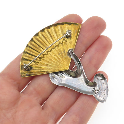 925 Sterling Silver 2-Tone Vintage Mexico Lady Hand & Fan Pin Brooch