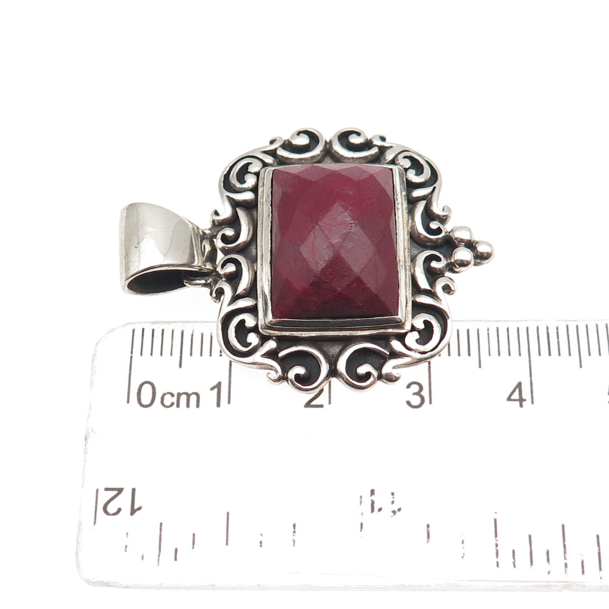 925 Sterling Silver Vintage Real Ruby Swirl Oxidized Pendant