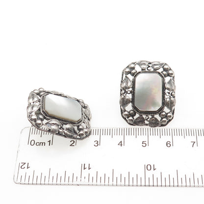 925 Sterling Silver Vintage Real MOP Floral Leaf Oxidized Earrings