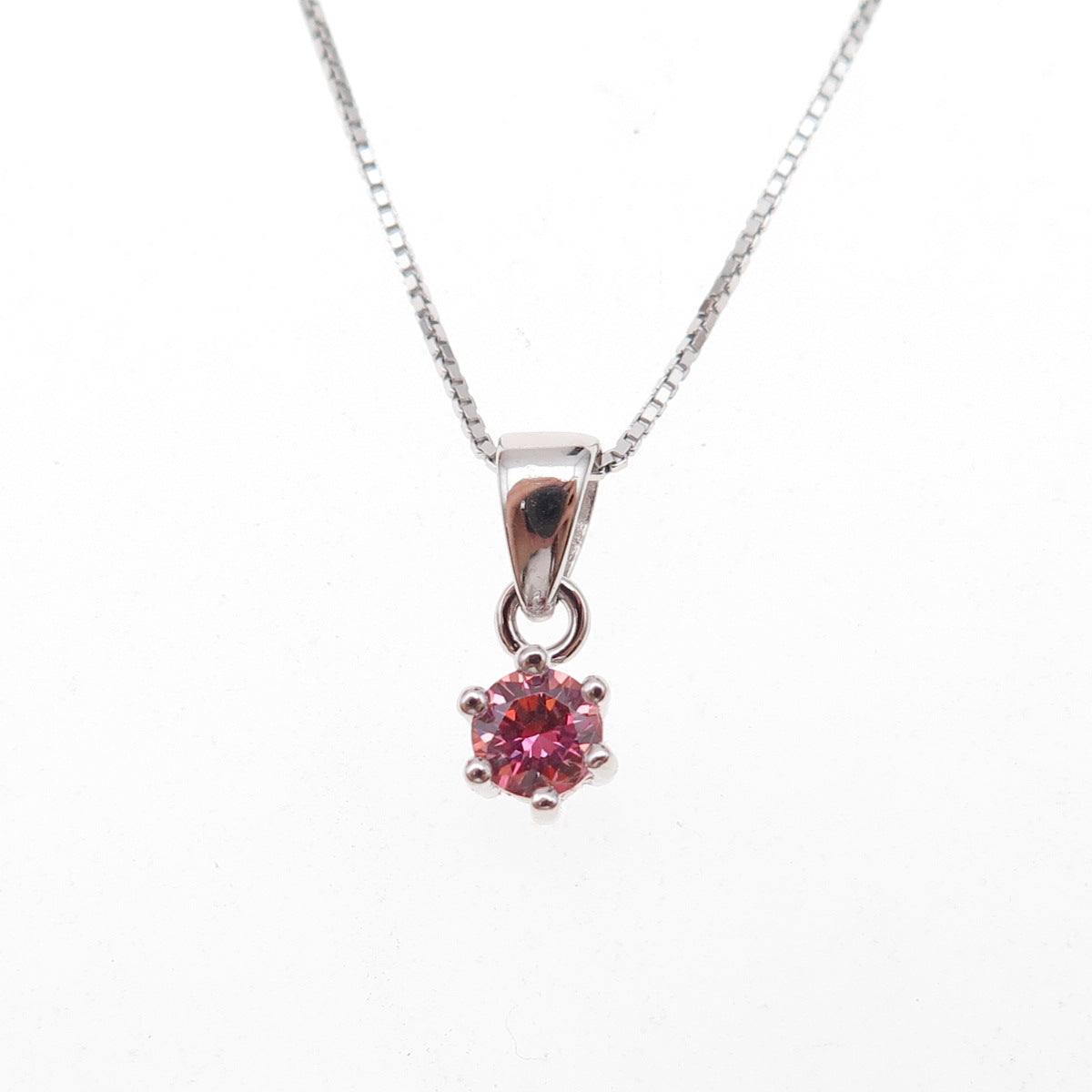 925 Sterling Silver Italy Round-Cut Pink C Z Box Chain Necklace 16-18"