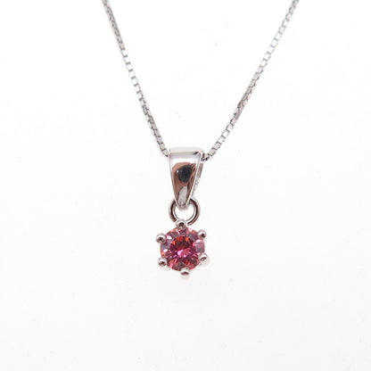 925 Sterling Silver Italy Round-Cut Pink C Z Box Chain Necklace 16-18"