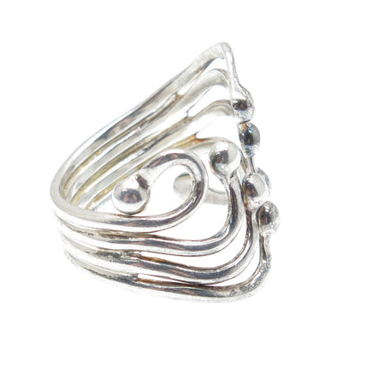 925 Sterling Silver Vintage Modernist Beaded Bypass Adjustable Ring Size 10.75