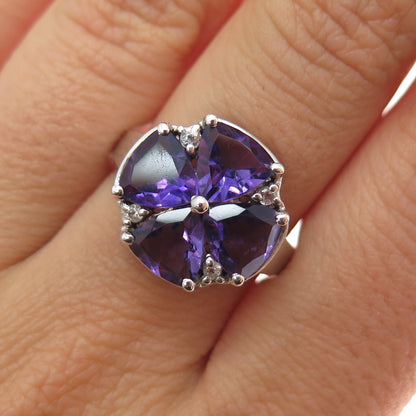 TGGC 925 Sterling Silver Real Amethyst & White Topaz Flower Ring Size 7.25