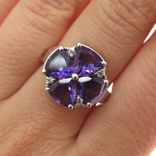 TGGC 925 Sterling Silver Real Amethyst & White Topaz Flower Ring Size 7.25