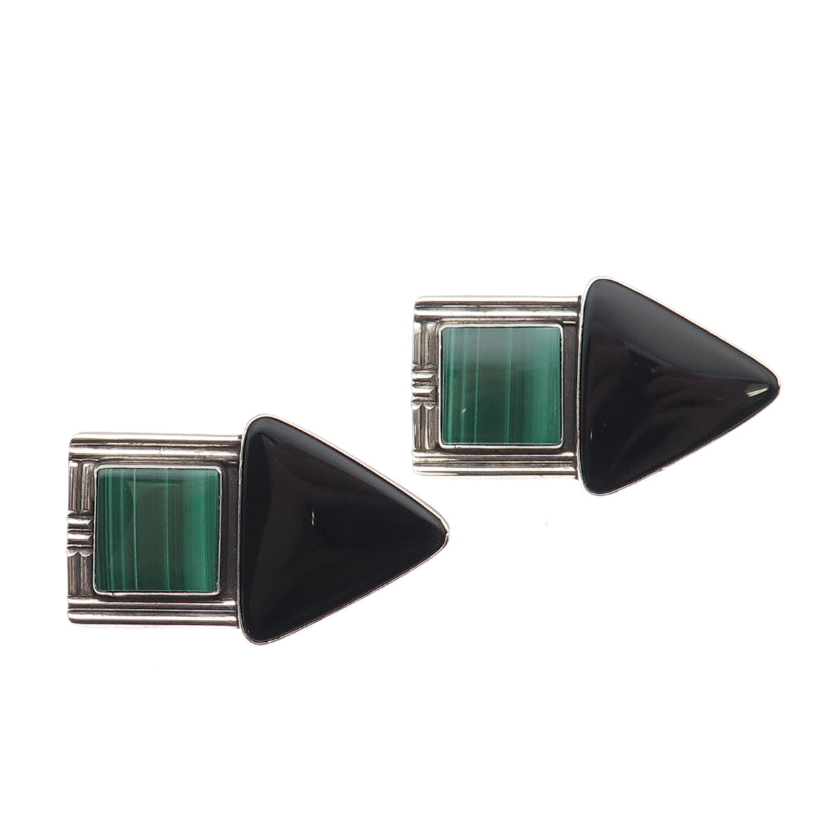 Sam Lovato Christopher's Old Pawn Sterling 1991 Malachite Onyx Clip On Earrings