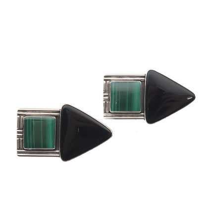 Sam Lovato Christopher's Old Pawn Sterling 1991 Malachite Onyx Clip On Earrings