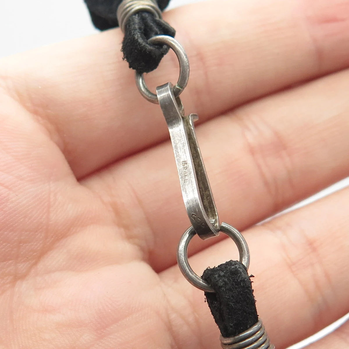 925 Sterling Silver Vintage Israel Modernist Triple Bar Leather Necklace 14"