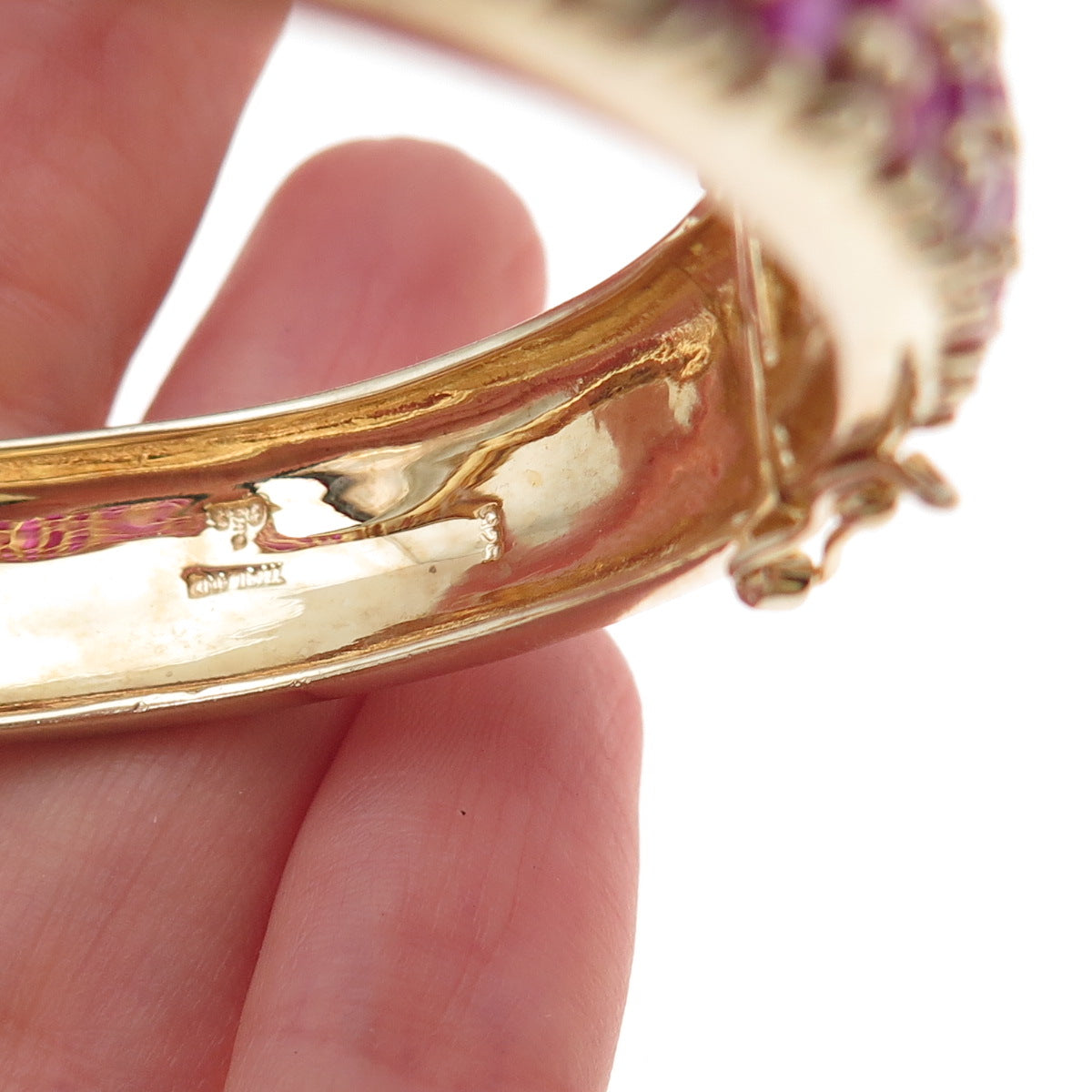 925 Sterling Silver Gold Plated Real Round-Cut Ruby Bangle Bracelet 7.25"