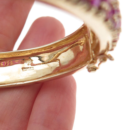 925 Sterling Silver Gold Plated Real Round-Cut Ruby Bangle Bracelet 7.25"