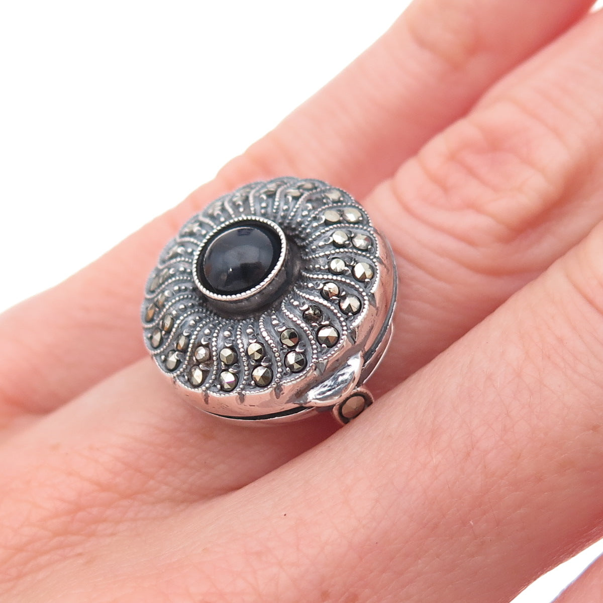 925 Sterling Antique Art Deco Real Black Onyx & Marcasite Locket Ring Size 5