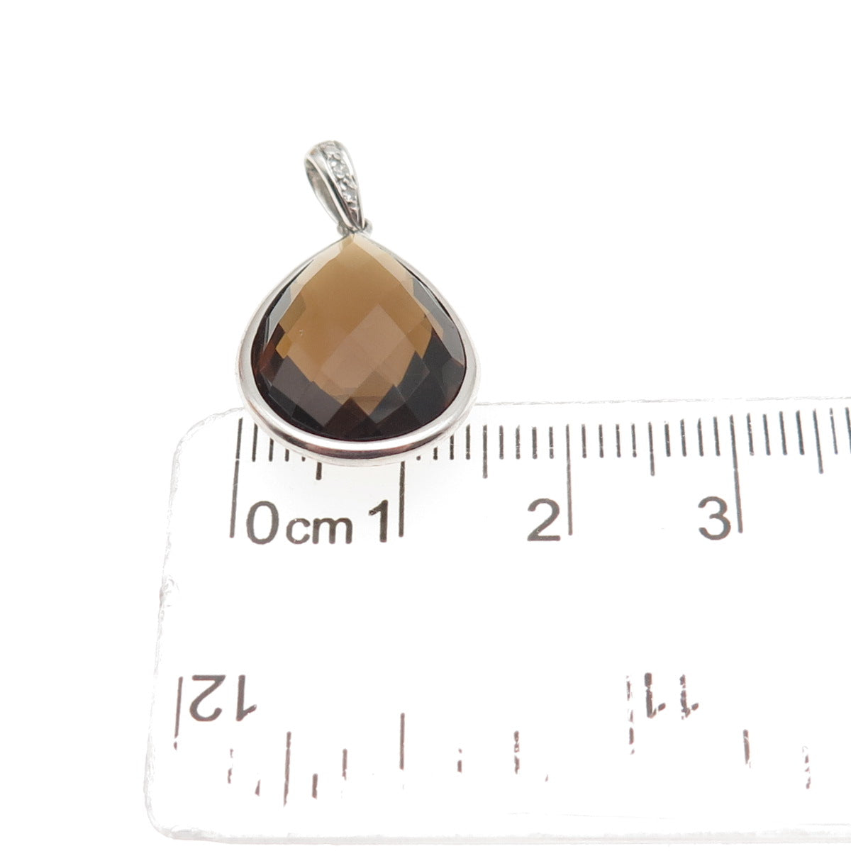 925 Sterling Silver Real Round-Cut Diamond & Pear-Cut Smoky Quartz Charm Pendant