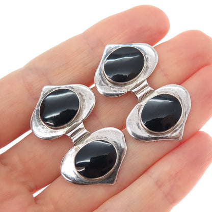 925 Sterling Silver Vintage Real Black Onyx Modernist Heart Oxidized Earrings
