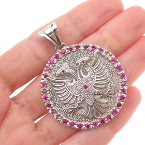 925 Sterling Vintage Real Ruby Double-Headed Eagle Pendant (missing 2 stones)