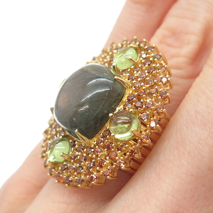 925 Sterling Gold Plated Real Labradorite Peridot Imperial Topaz Ring Size 6.25